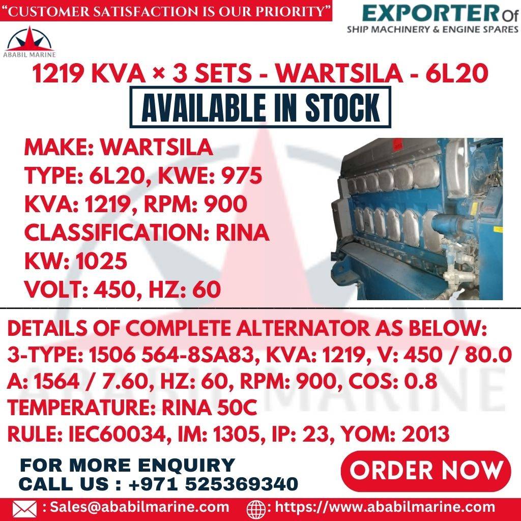 1219 KVA × 3 SETS - WARTSILA - 6L20 Ababil Marine